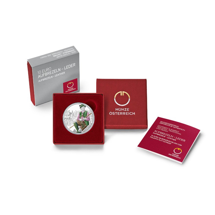 Silver Aufdirndln – leather 10 EUR PF AUT - 2025 in the original coin case
