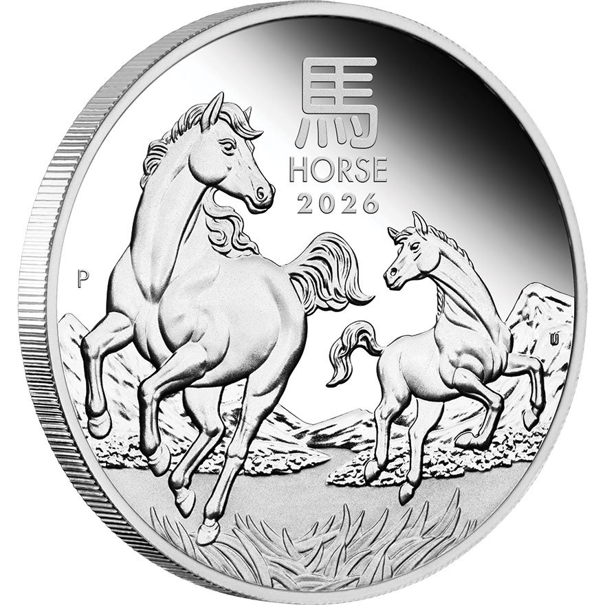 Side viw of the Silver Lunar III Horse 1 oz PF - 2026