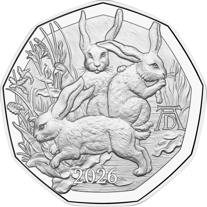 Front of Silver Easter coin “Dürer’s Trio of Rabbits” 5 EUR HGH AUT – 2026