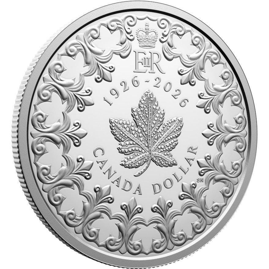 Side view of Silver QEII 100 Anniv. Proof 2026 