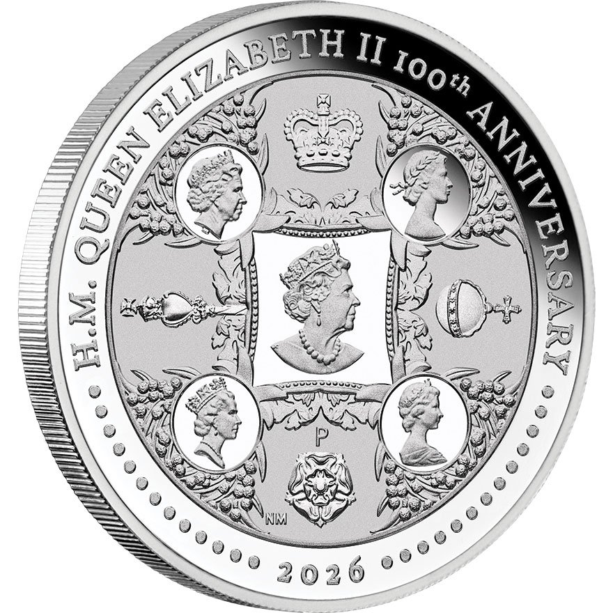 Side view of Silver HM QE 100th Anniversary 1 oz Proof 2026
