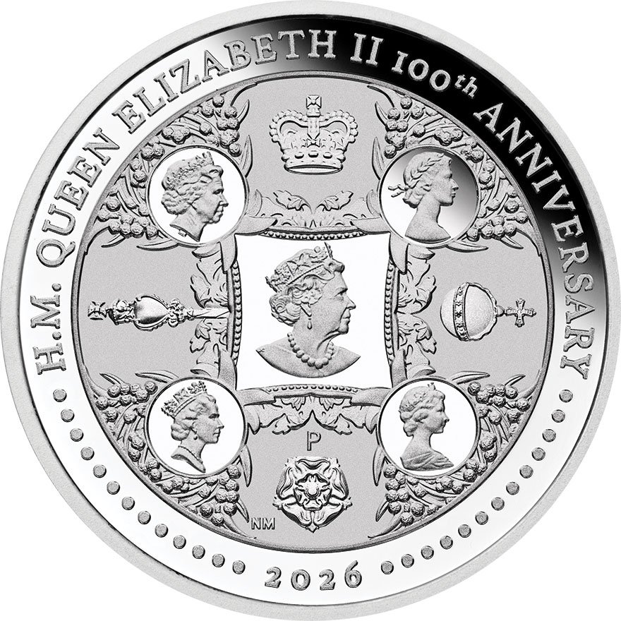 Front of Silver HM QE 100th Anniversary 1 oz Proof 2026