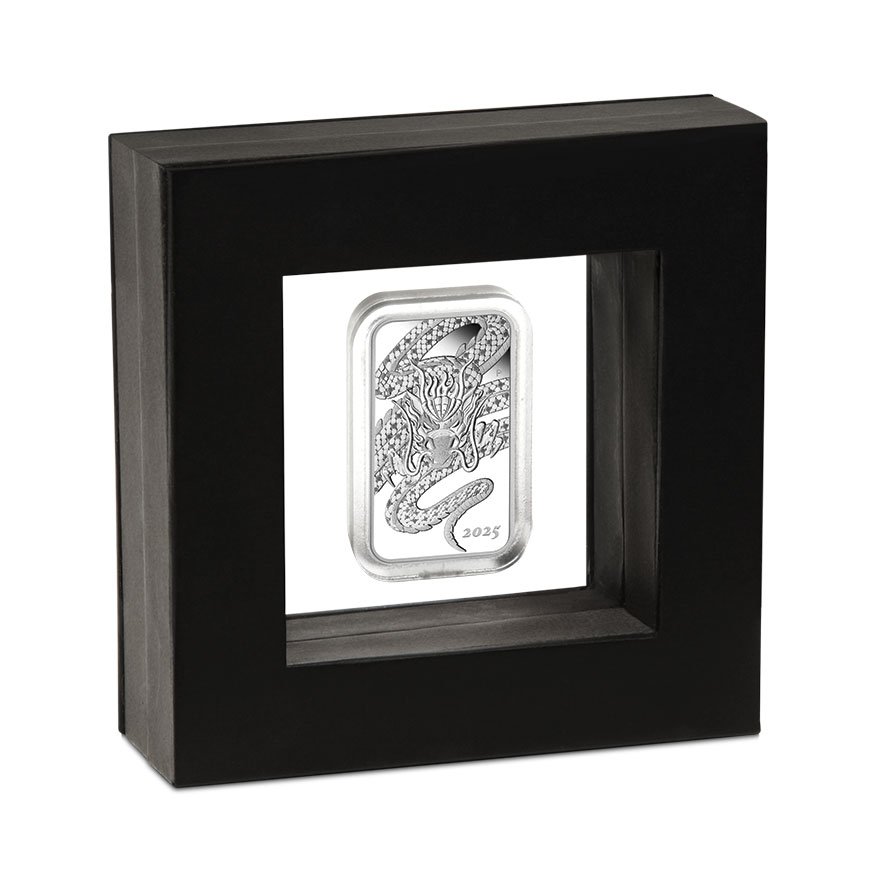 Silver Dragon Rectangle 1 oz Proof - 2025 in the original coin case