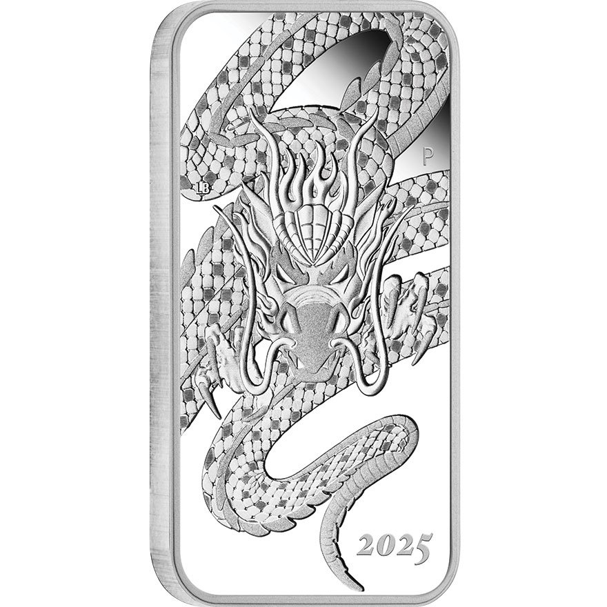 Side view of the Silver Dragon Rectangle 1 oz Proof - 2025