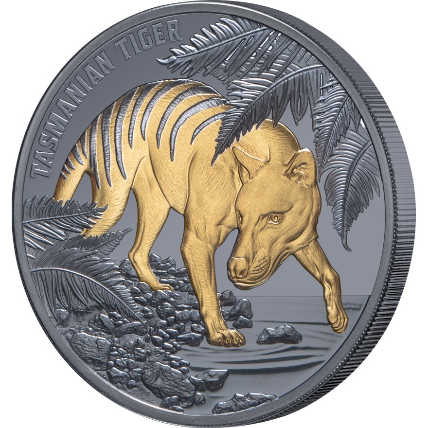 Side view of Silver Tasmanian Tiger 1 oz Black Proof