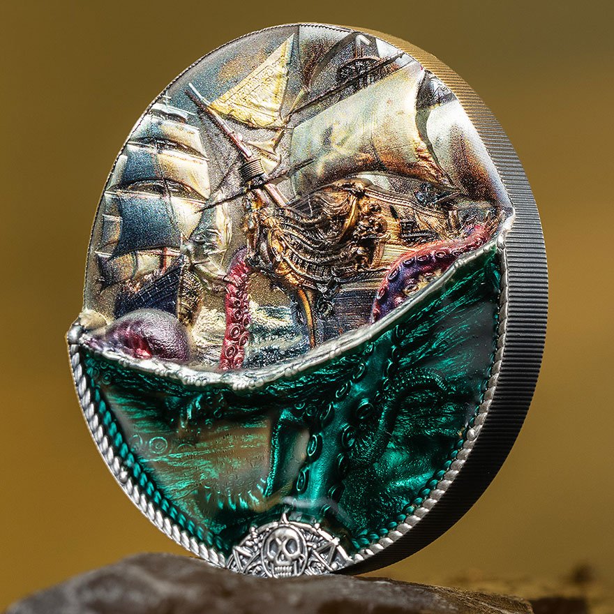 Side view of the Silver Underwater Fantasy – Sea Monster 3 oz - Antique Finish 2025