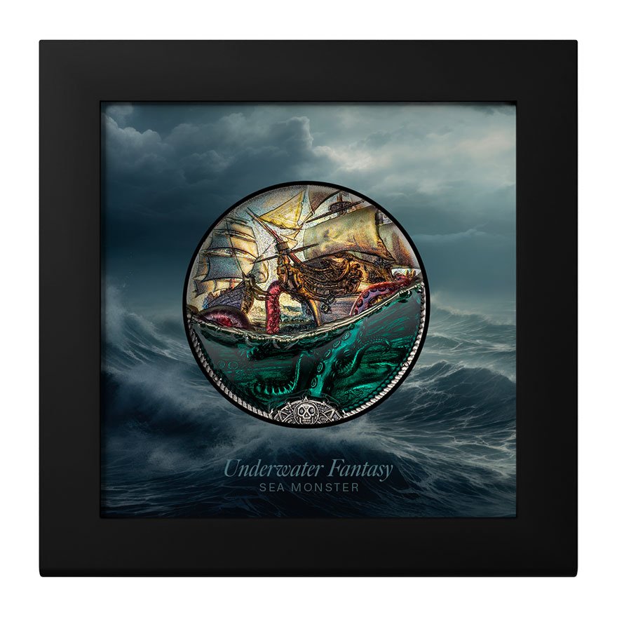 Silver Underwater Fantasy – Sea Monster 3 oz - Antique Finish 2025 in the original coin case
