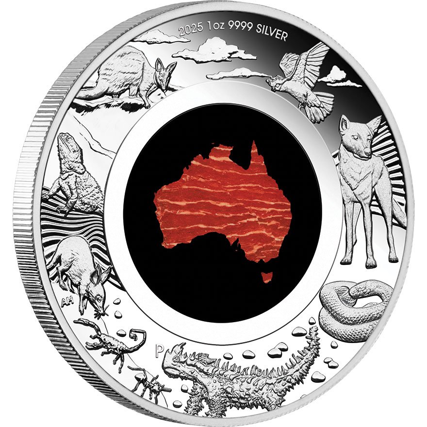 Side View of Silver Great Southern Land 1 oz PF - Snakeskin-Jaspis Coin