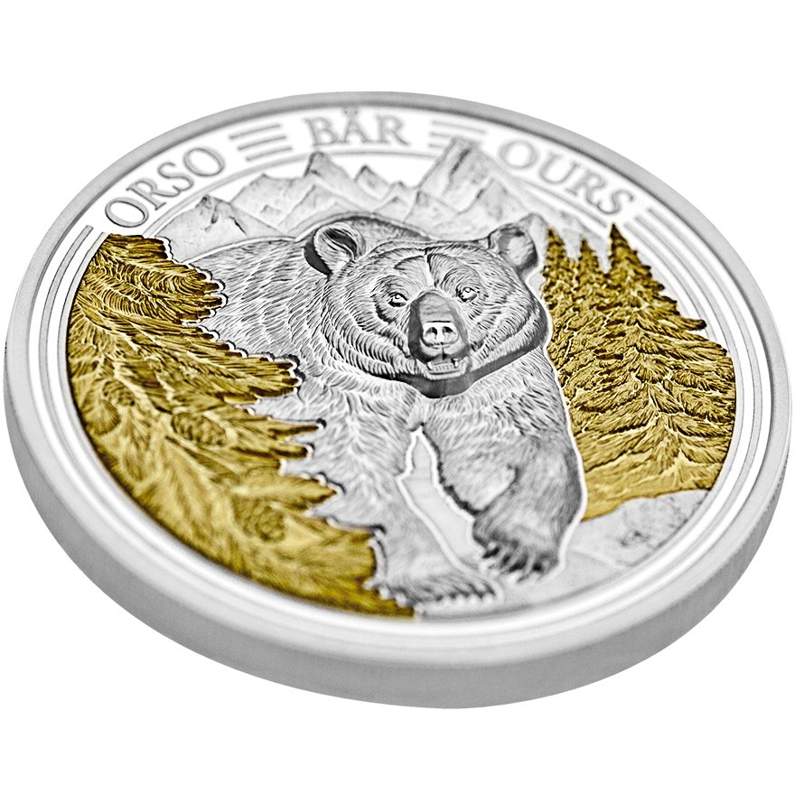 Side View of the Silver Swiss Wildlife - Bear 3 oz PP - Ultra High Relief 2025