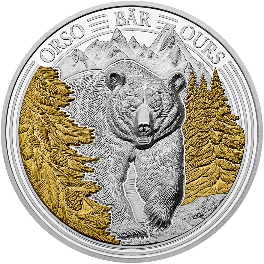 Front of the Silver Swiss Wildlife - Bear 3 oz PP - Ultra High Relief 2025