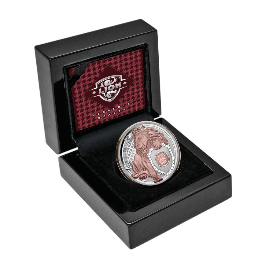 Silver Lion 1 oz PP - Heraldic Beasts 2025 in the original coin case