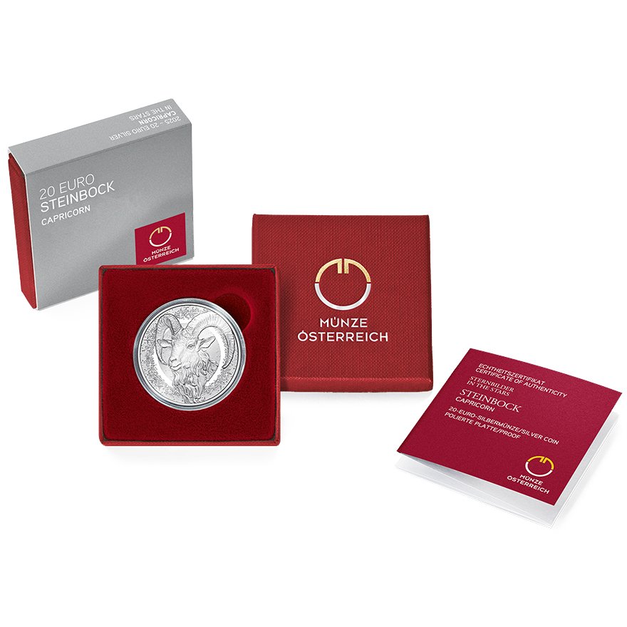 Silver Constellations – Capricorn 20 EUR Proof AUT – Rose Quartz 2025 in original coin case