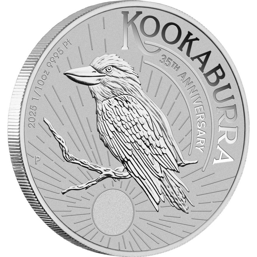 Side view of the platinum Kookaburra 1/10 oz - 2025