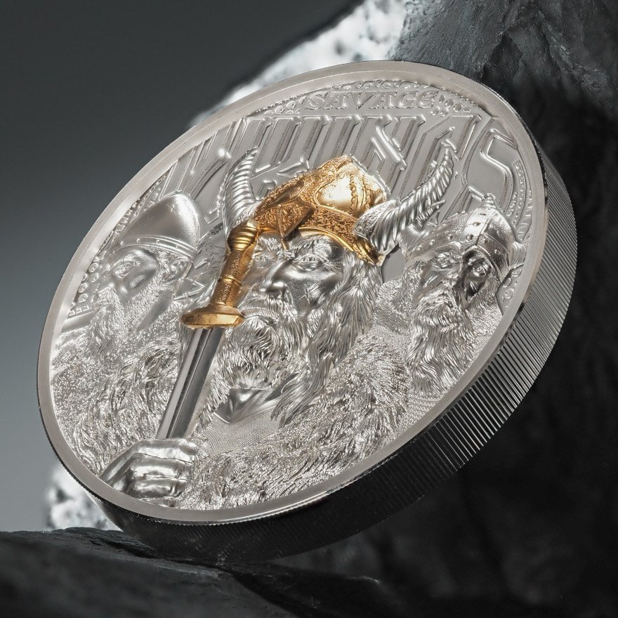 Side view front of Savage Vikings 3 oz Proof - Ultra High Relief 2026