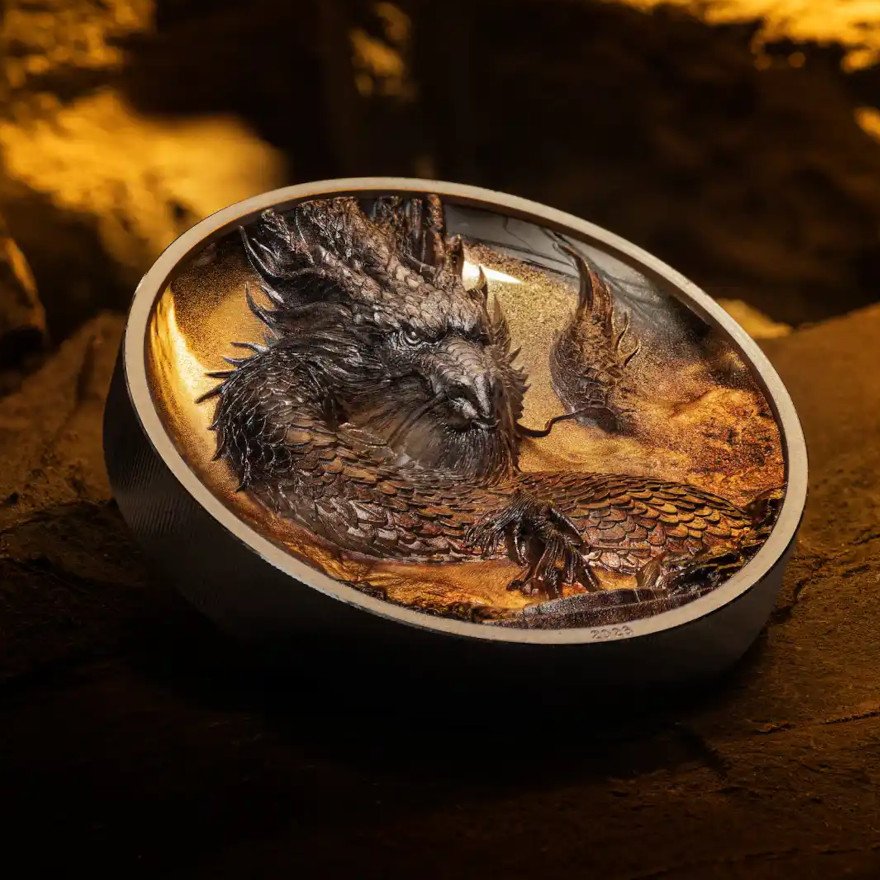 Side view of the Silver Thunder Dragon 3 oz PF 2026