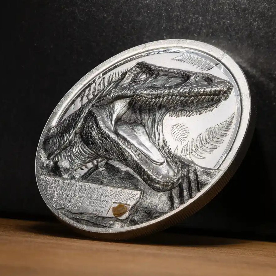 Side view of the  Silver Jurassic Relicts 1 oz HR 2026