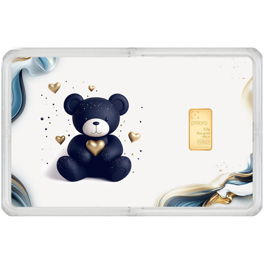 Front of the Gold bar 0.5 g - philoro gift card "Strong bear love"