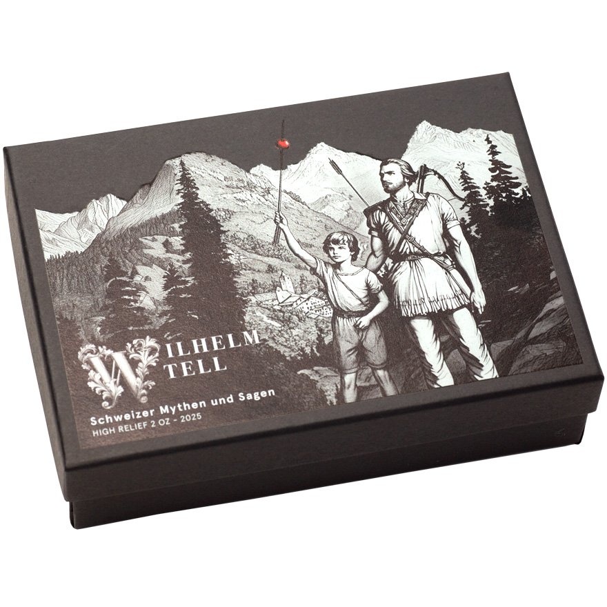 Silver swiss myth and legends - Wilhelm Tell 2 oz - High Relief 2025 in the original coin case with sleeve