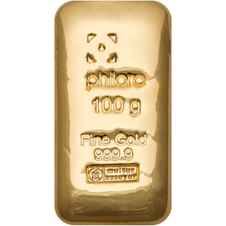 Front of the Gold bar 100 g cast - philoro