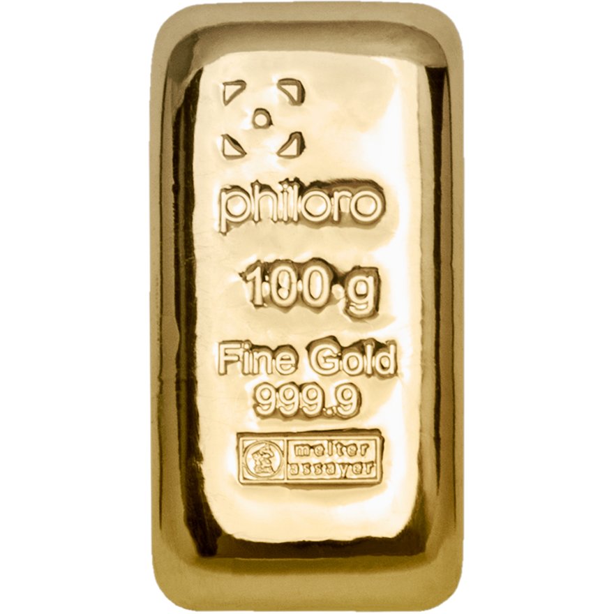 Front of the Gold bar 100 g cast - philoro