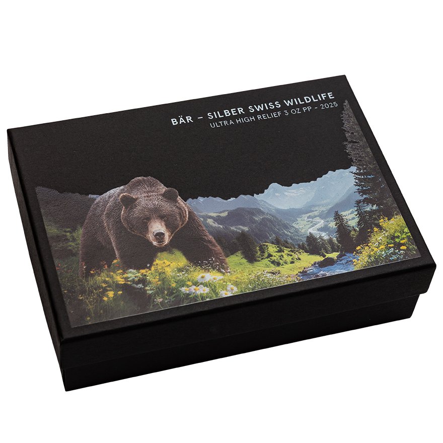 Silver Swiss Wildlife - Bear 3 oz PP - Ultra High Relief 2025 in the original coin case