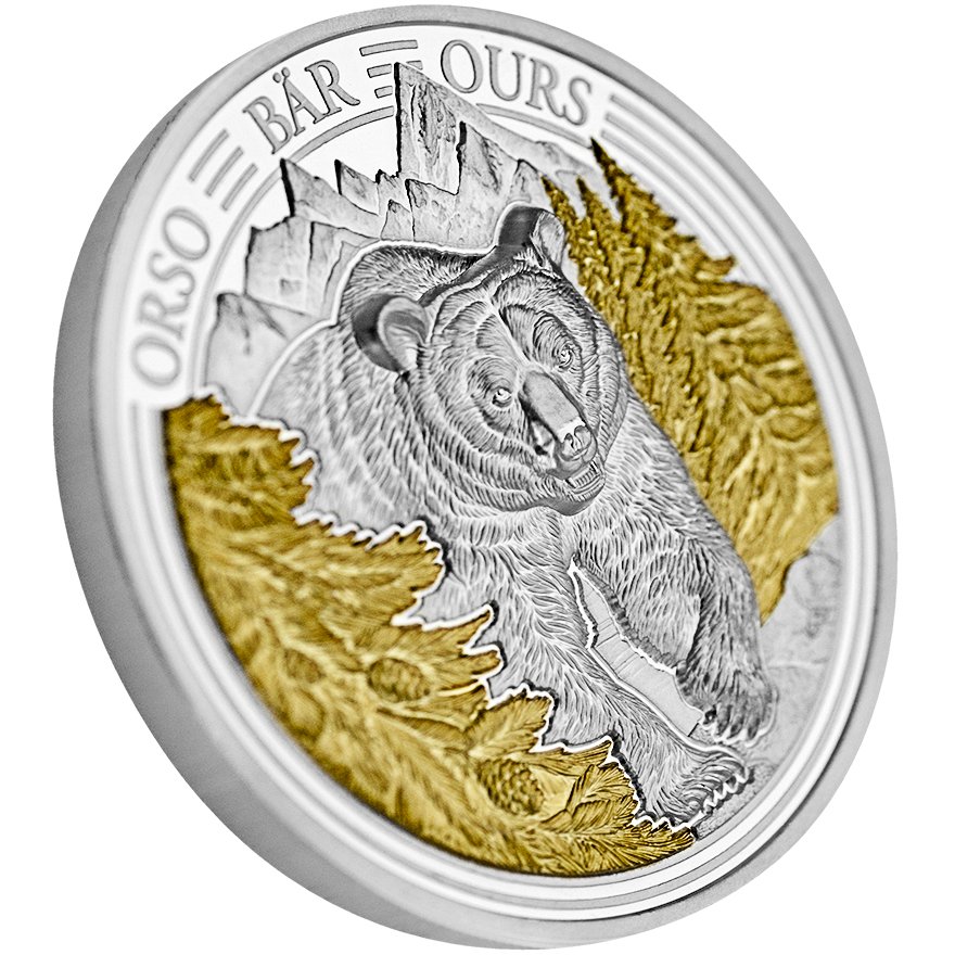 Side View of the Silver Swiss Wildlife - Bear 3 oz PP - Ultra High Relief 2025