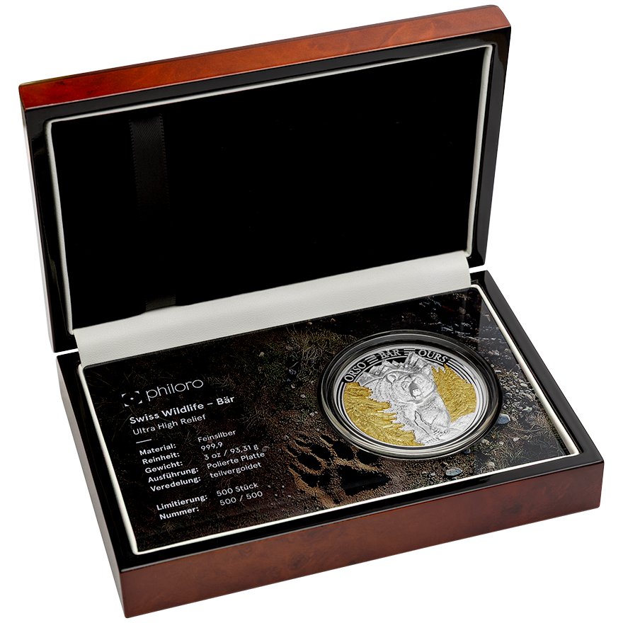 Silver Swiss Wildlife - Bear 3 oz PP - Ultra High Relief 2025 in the original coin case