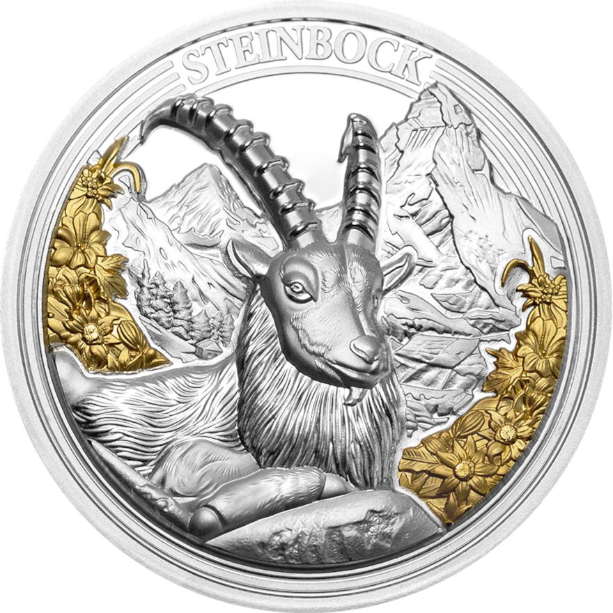 View 1: Silber Swiss Wildlife - Steinbock 3 oz PP - Ultra High Relief 2024