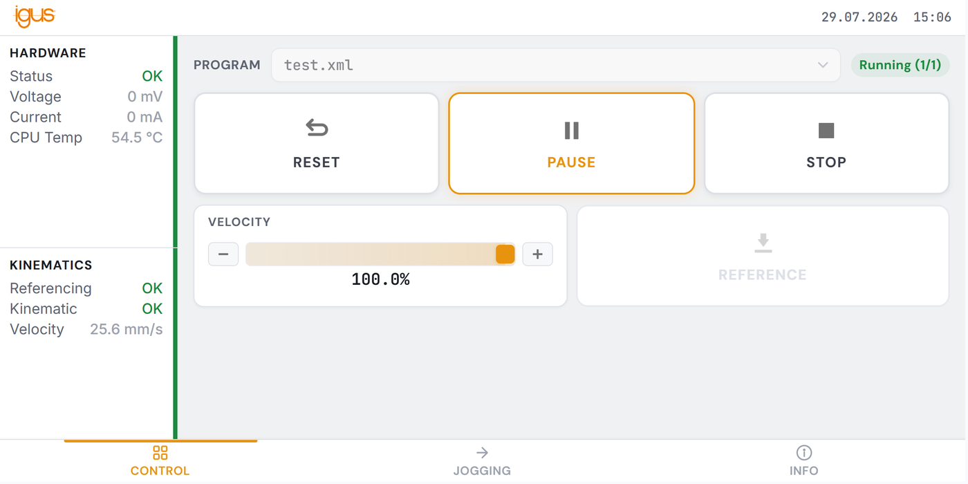 Operator HMI | Software interface for igus Robot Control