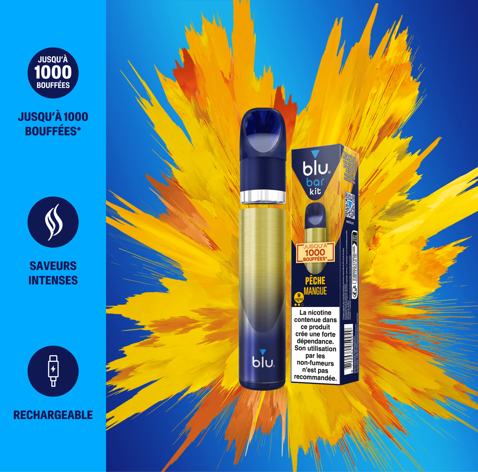 Kit Blu Bar - E-cigarette + 1 pod saveur Pche Mangue Kit Blu Bar - E-cigarette + 1 pod saveur Pche Mangue